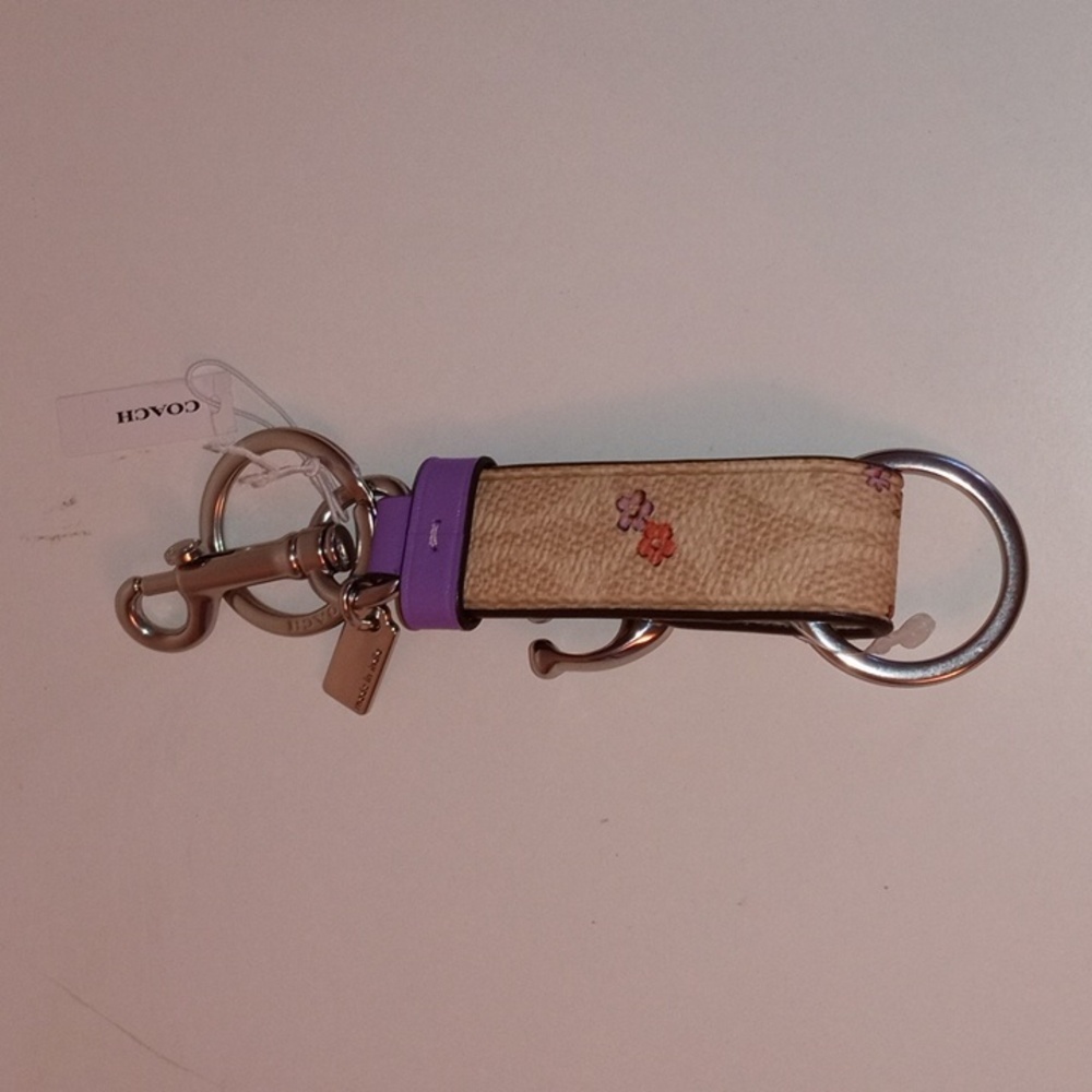 Coach Floral and Lavender Leather Key Fob Keychain - Picture 3 of 4